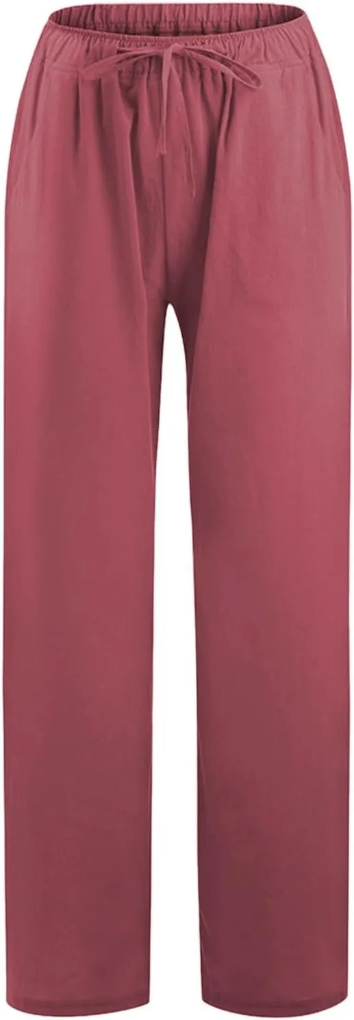Wide Leg Linen Pants Women Summer Flowy Beach Pants Casual Drawstring High Waisted Palazzo Pants Plus Size Yoga Trousers