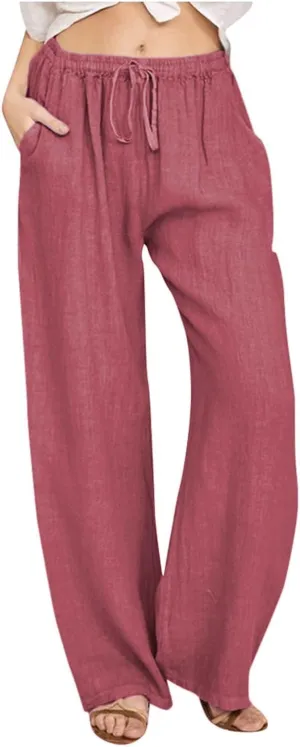 Wide Leg Linen Pants Women Summer Flowy Beach Pants Casual Drawstring High Waisted Palazzo Pants Plus Size Yoga Trousers