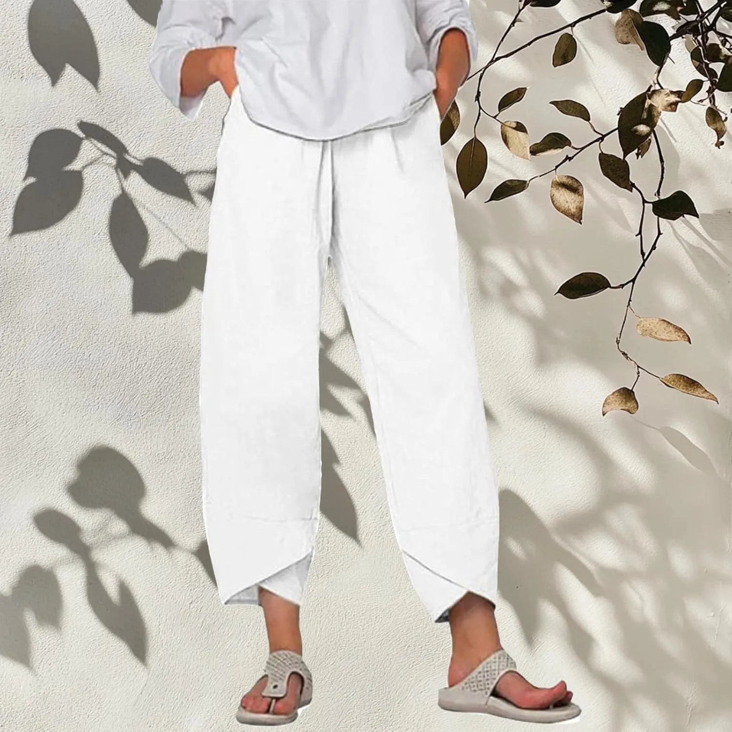 Wide Leg Pants Capri Cropped Casual Pants Summer Trendy Beach Pants with Pockets Plaid Patchwork Pants