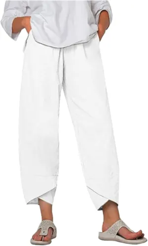 Wide Leg Pants Capri Cropped Casual Pants Summer Trendy Beach Pants with Pockets Plaid Patchwork Pants