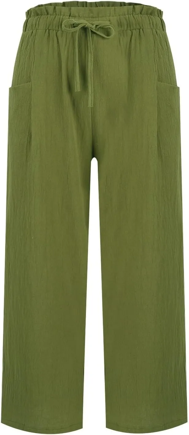 Wide Leg Pants for Women Linen Cotton Lightweight High Waisted Palazzo Pant Casual Loose Comfy Summer Beach Trousers