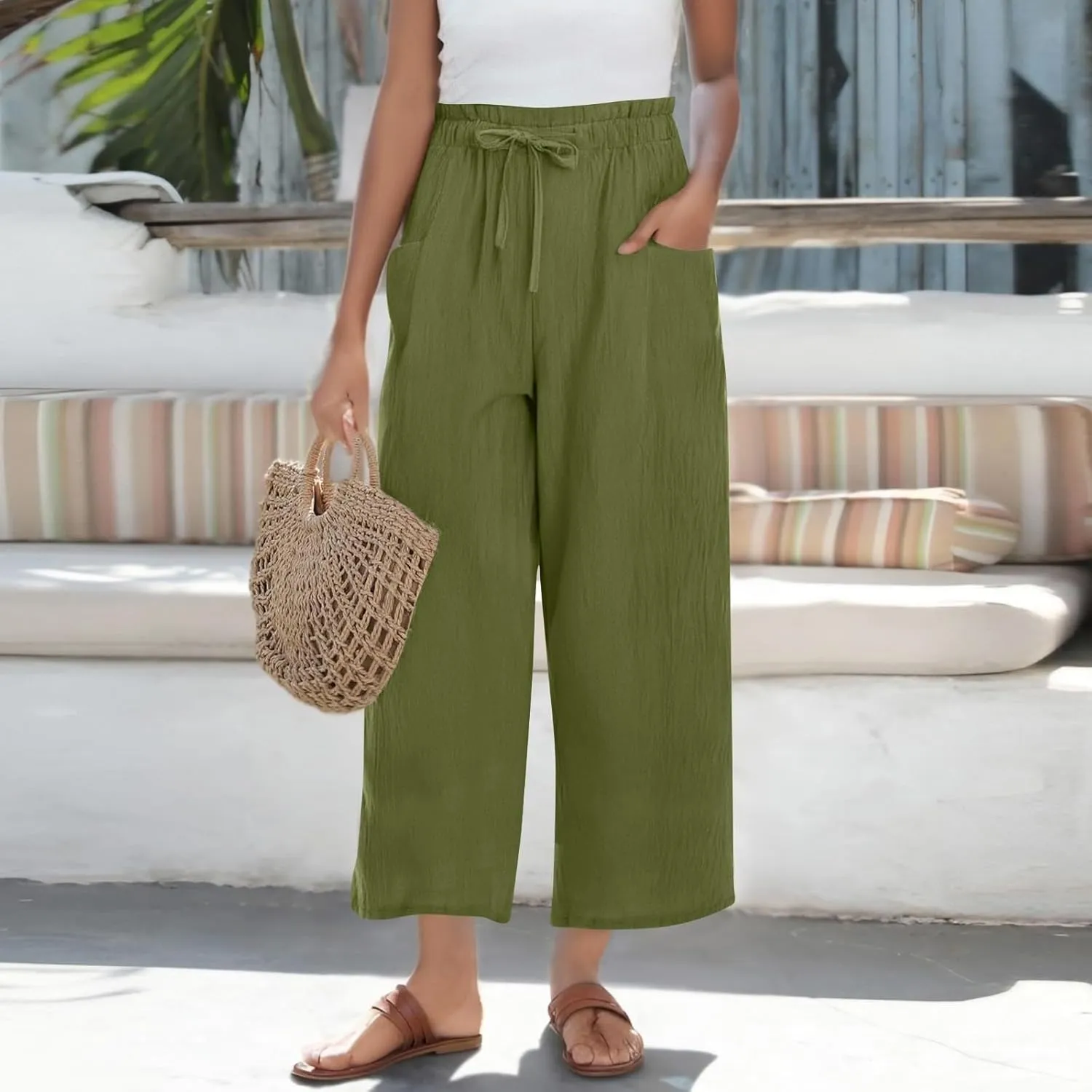 Wide Leg Pants for Women Linen Cotton Lightweight High Waisted Palazzo Pant Casual Loose Comfy Summer Beach Trousers