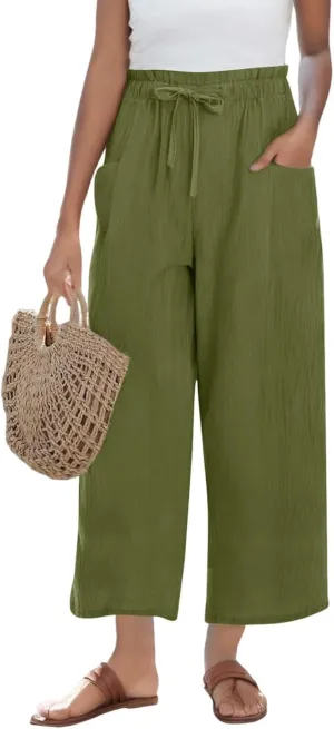 Wide Leg Pants for Women Linen Cotton Lightweight High Waisted Palazzo Pant Casual Loose Comfy Summer Beach Trousers