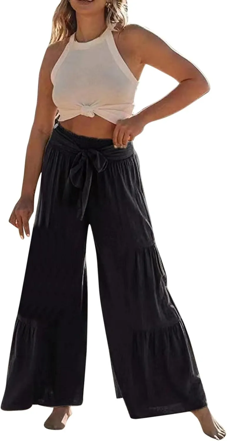 Wide Leg Pants for Women Summer 2024 Casual Palazzo Pants Elastic High Waist Loose Fit Plus Size Linen Pants Women
