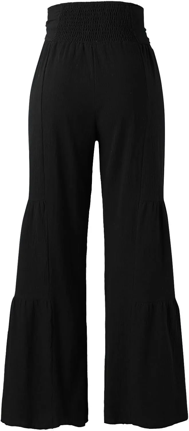Wide Leg Pants for Women Summer 2024 Casual Palazzo Pants Elastic High Waist Loose Fit Plus Size Linen Pants Women