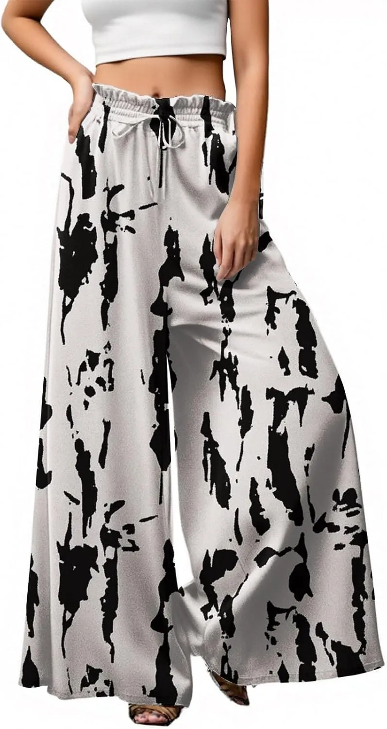 Wide Leg Pants Woman Palazzo Floral Dress Pants Flowy High Waisted Summer 2025 Beach Boho Trousers with Pockets