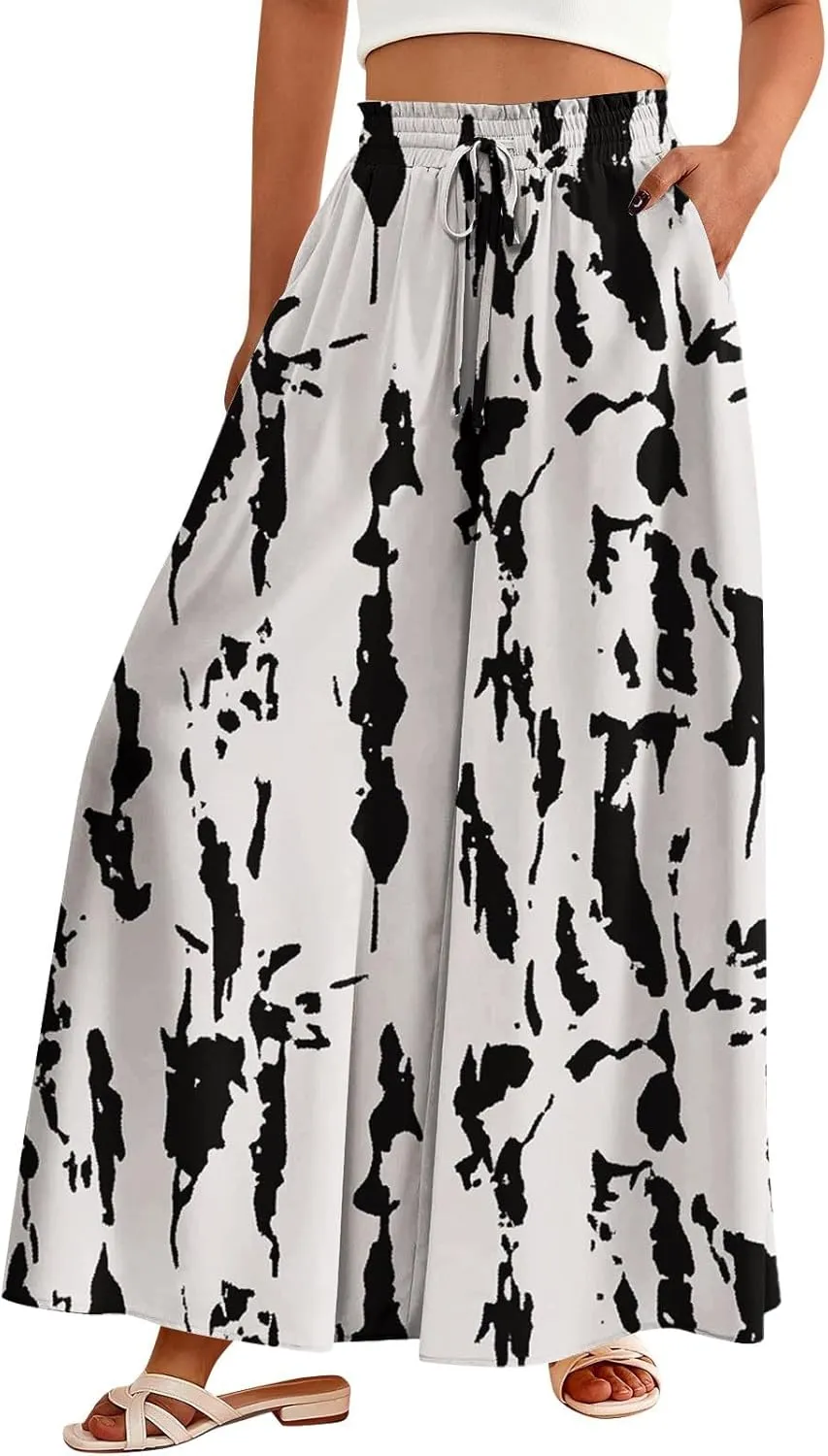 Wide Leg Pants Woman Palazzo Floral Dress Pants Flowy High Waisted Summer 2025 Beach Boho Trousers with Pockets