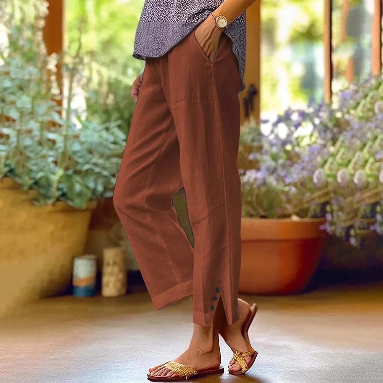 Wide Leg Pants Woman Solid Elastic Pants Long Drawstring Linen Women Waist Cotton Casual Womens Business Casual