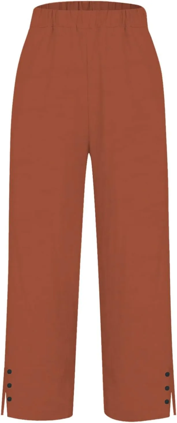 Wide Leg Pants Woman Solid Elastic Pants Long Drawstring Linen Women Waist Cotton Casual Womens Business Casual