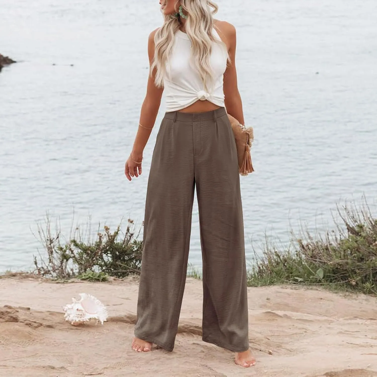 Wide Leg Pants Woman Summer High Waisted Dress Pants Trousers Lightweight Comfy Elastic Waist Pants with Pockets