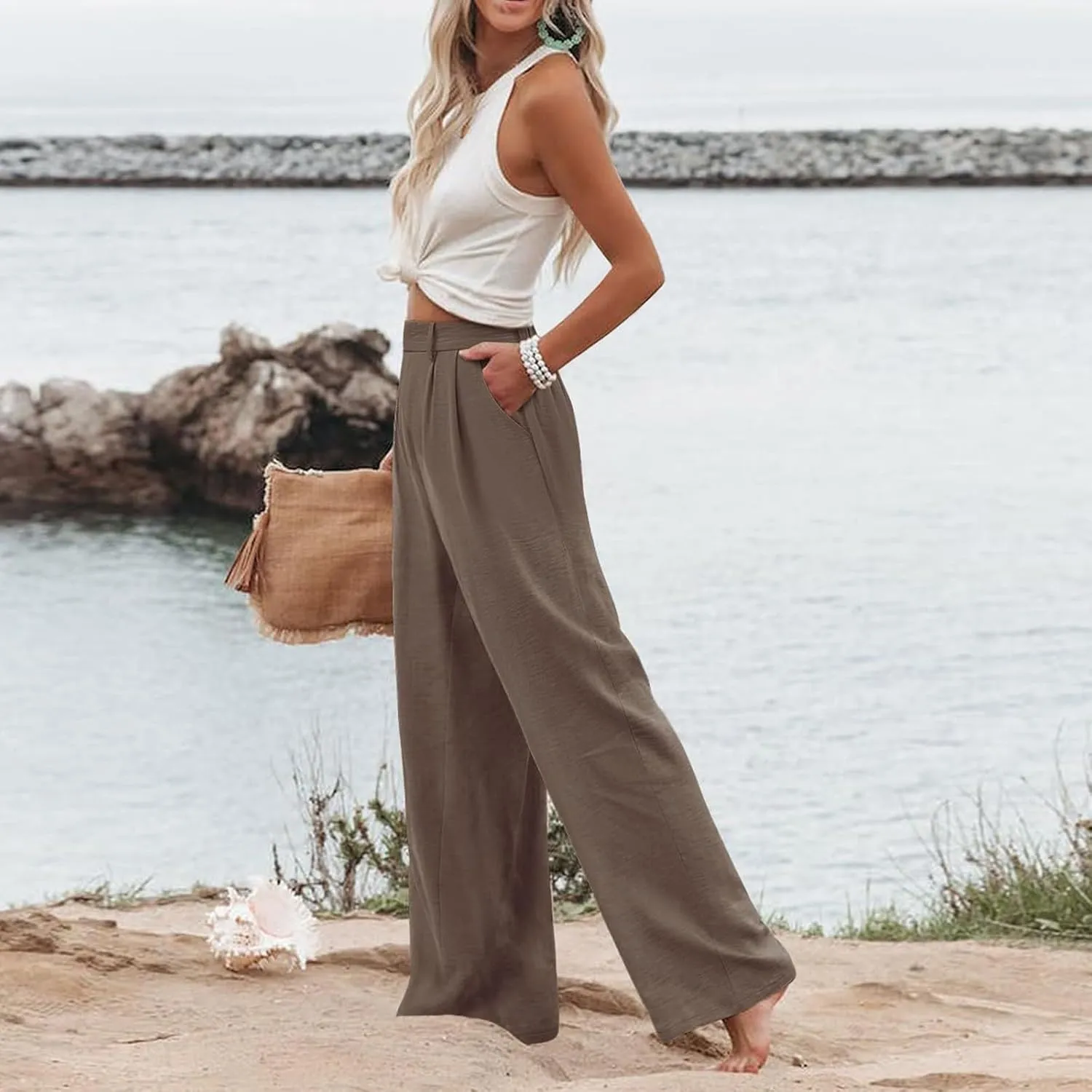 Wide Leg Pants Woman Summer High Waisted Dress Pants Trousers Lightweight Comfy Elastic Waist Pants with Pockets