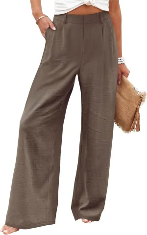Wide Leg Pants Woman Summer High Waisted Dress Pants Trousers Lightweight Comfy Elastic Waist Pants with Pockets