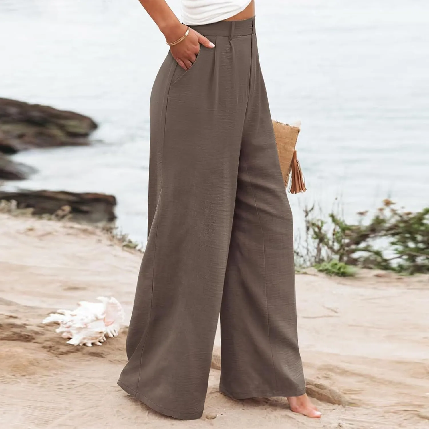 Wide Leg Pants Woman Summer High Waisted Dress Pants Trousers Lightweight Comfy Elastic Waist Pants with Pockets