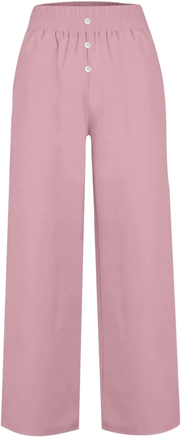 Wide Leg Pants Women Summer 2024 Solid Elastic High Waisted Lounge Pant Button Decor Flowy Trousers with Pockets