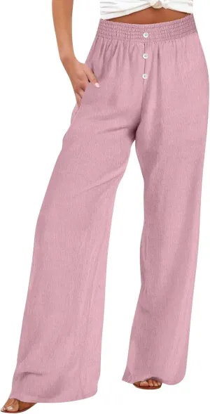 Wide Leg Pants Women Summer 2024 Solid Elastic High Waisted Lounge Pant Button Decor Flowy Trousers with Pockets