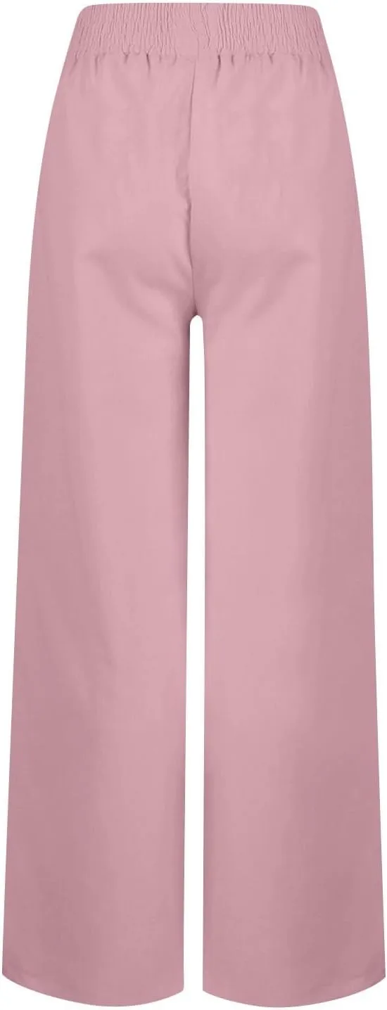Wide Leg Pants Women Summer 2024 Solid Elastic High Waisted Lounge Pant Button Decor Flowy Trousers with Pockets