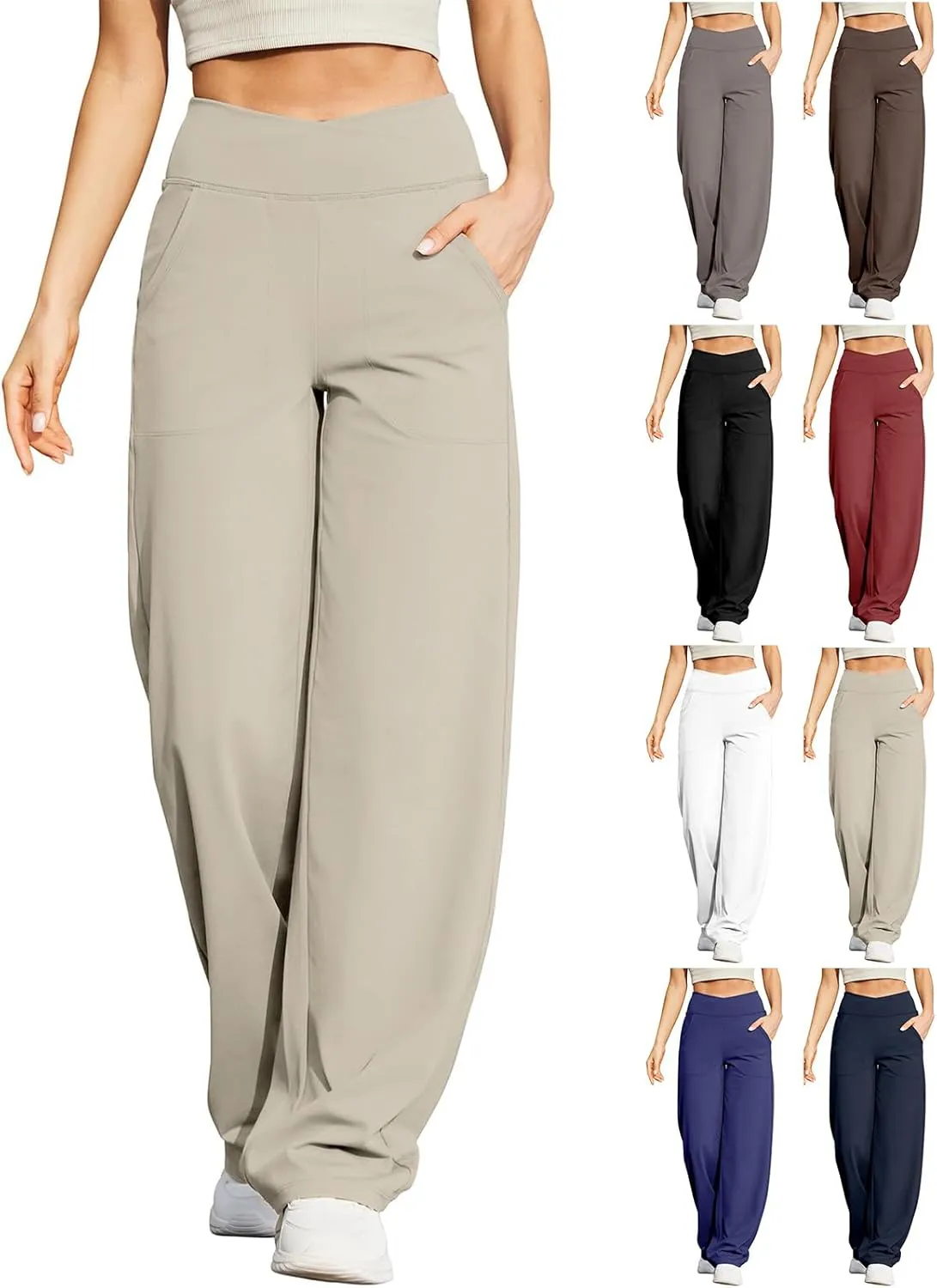 Wide Leg Yoga Pants for Women Crossover High Waisted Athletic Pants with Pockets Casual Comfy Lounge Pants