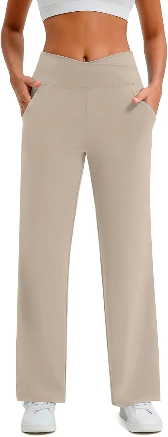 Wide Leg Yoga Pants for Women Crossover High Waisted Athletic Pants with Pockets Casual Comfy Lounge Pants