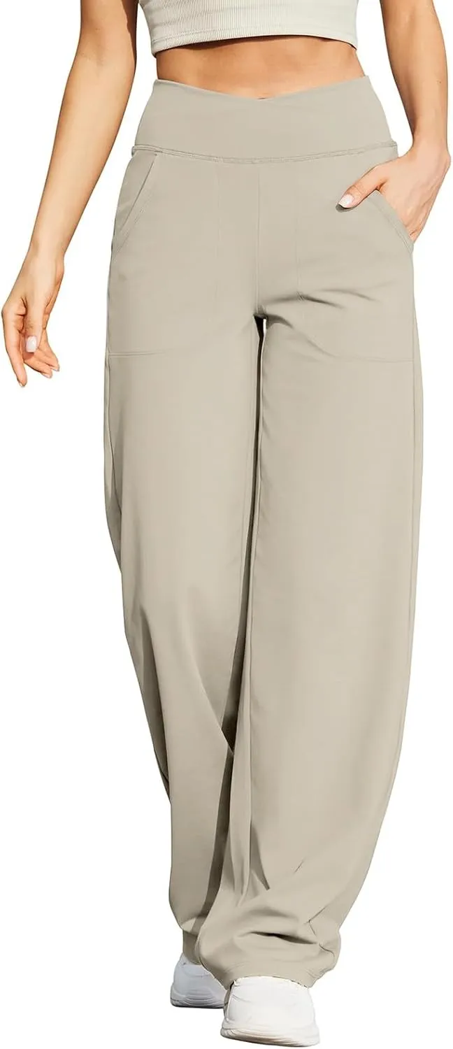 Wide Leg Yoga Pants for Women Crossover High Waisted Athletic Pants with Pockets Casual Comfy Lounge Pants