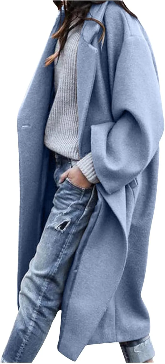 Winter Coats for Women Elegant Essential Notched Collar Mid-Long Woolen Pea Coat Trendy Casual Outwear Trench Coat