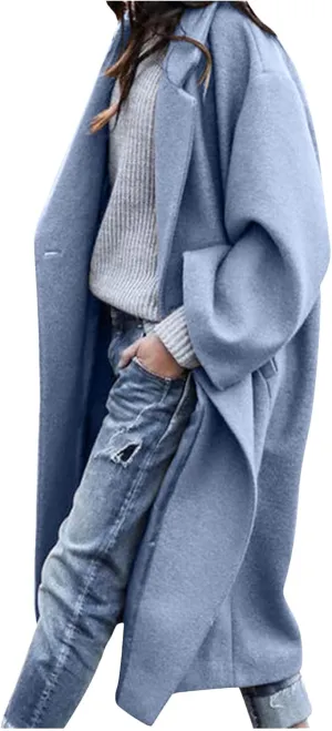 Winter Coats for Women Elegant Essential Notched Collar Mid-Long Woolen Pea Coat Trendy Casual Outwear Trench Coat