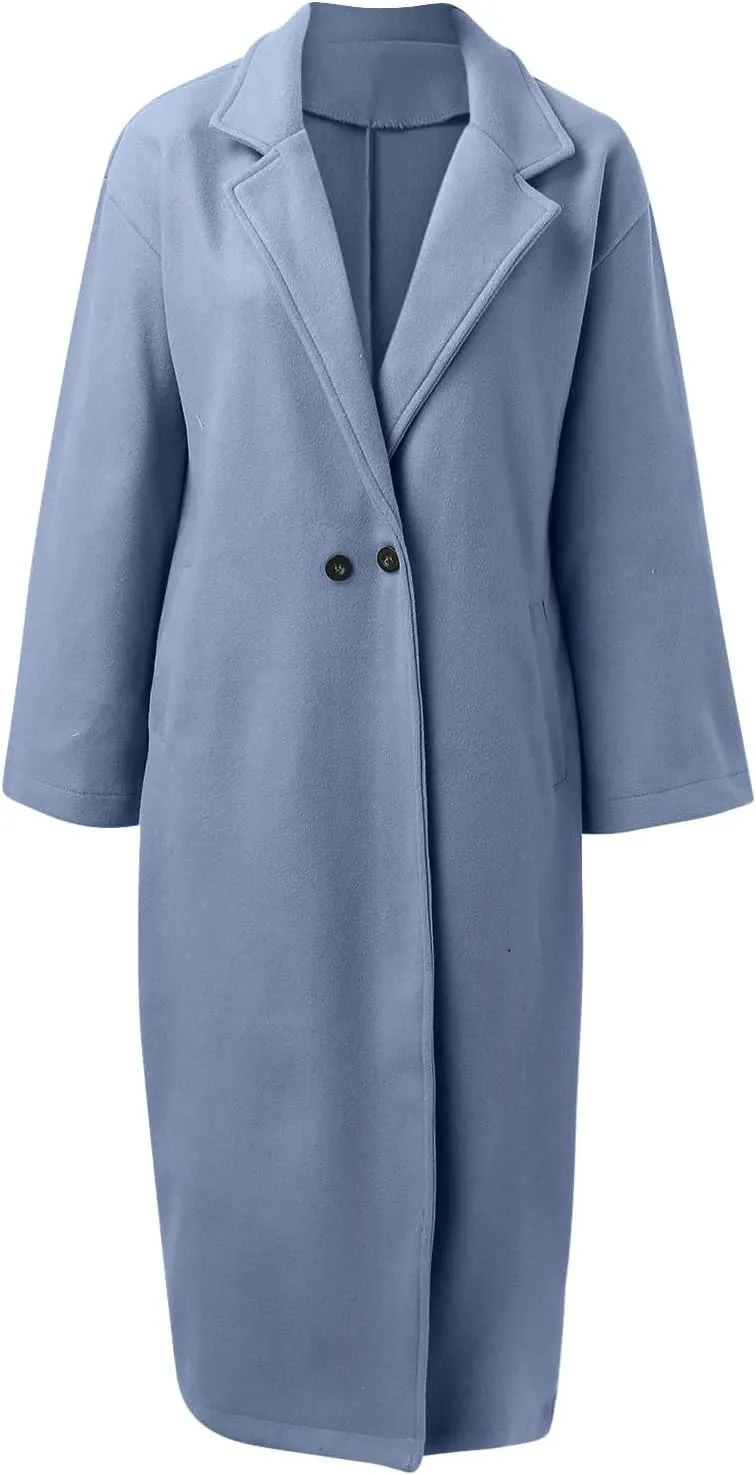 Winter Coats for Women Elegant Essential Notched Collar Mid-Long Woolen Pea Coat Trendy Casual Outwear Trench Coat