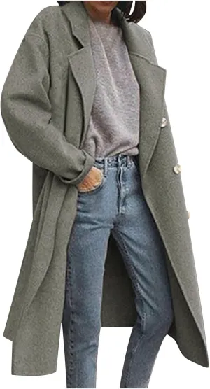 Winter Coats for Women Elegant Notched Collar Double Breasted Wool Coat Casual Trench Peacoat Warm Trench Coats