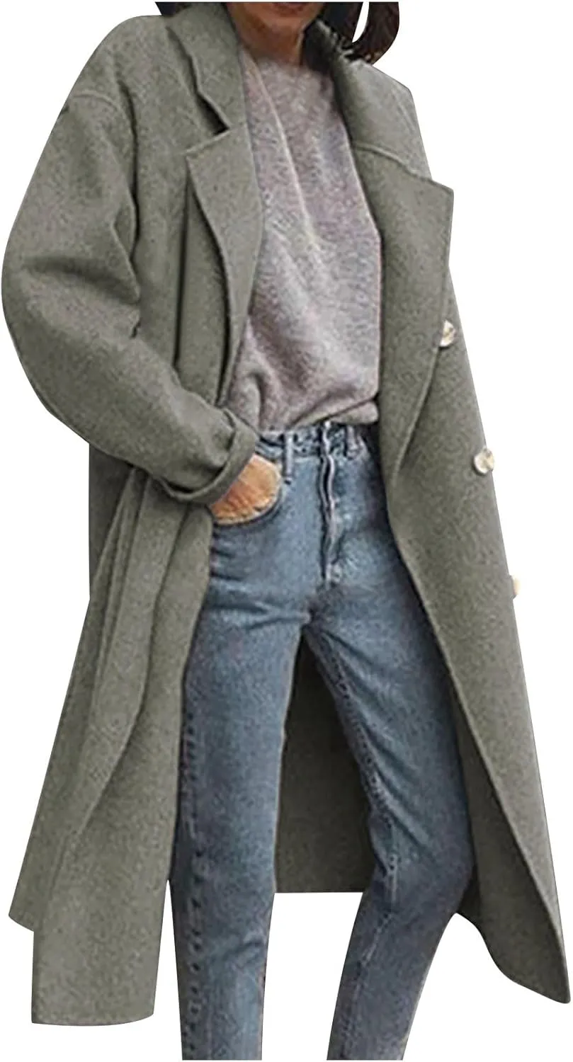 Winter Coats for Women Elegant Notched Collar Double Breasted Wool Coat Casual Trench Peacoat Warm Trench Coats