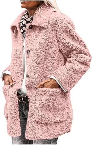Winter Coats For Women Lapel Fuzzy Faux Fur Coat Long Sleeve Button Down Sherpa Jacket Fleece Warm Outerwear w/Pocket