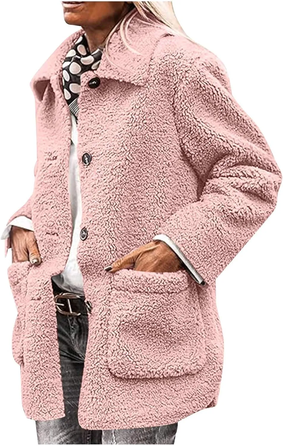 Winter Coats For Women Lapel Fuzzy Faux Fur Coat Long Sleeve Button Down Sherpa Jacket Fleece Warm Outerwear w/Pocket