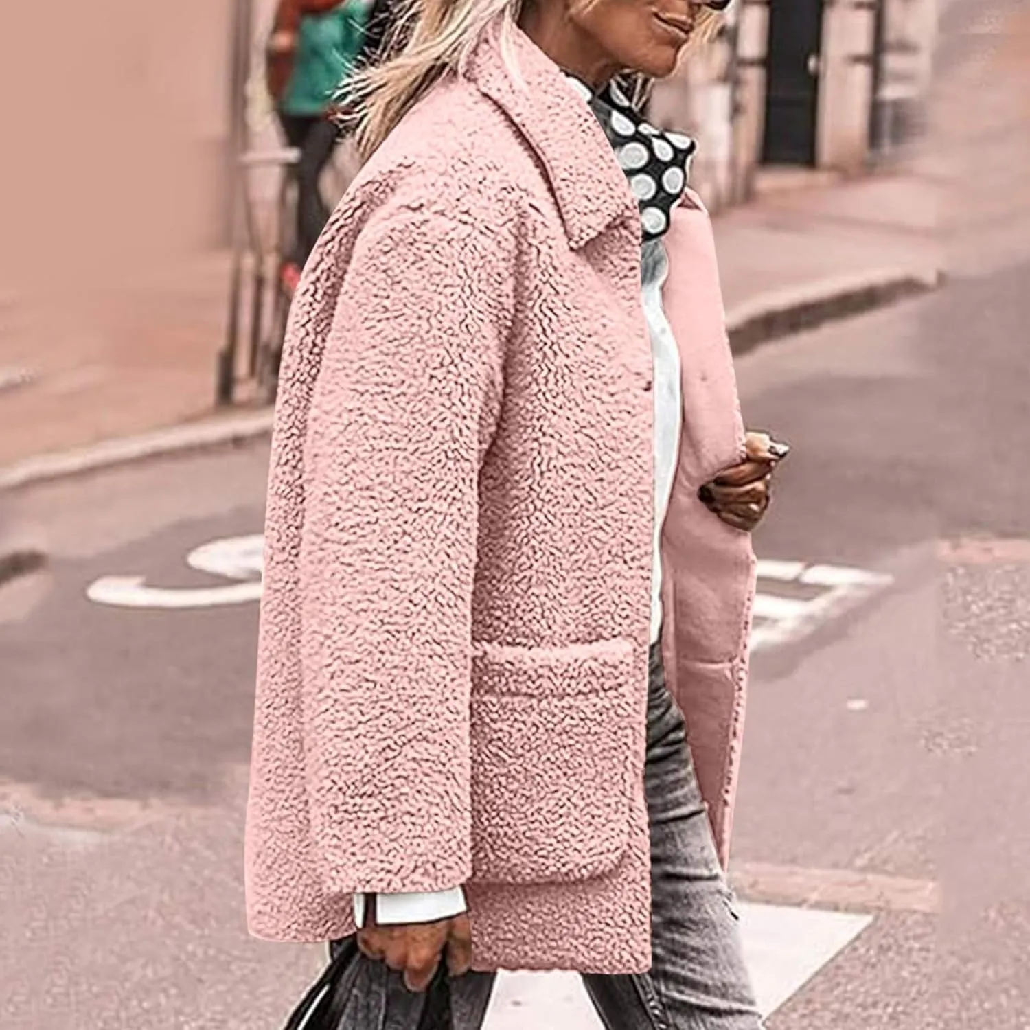 Winter Coats For Women Lapel Fuzzy Faux Fur Coat Long Sleeve Button Down Sherpa Jacket Fleece Warm Outerwear w/Pocket