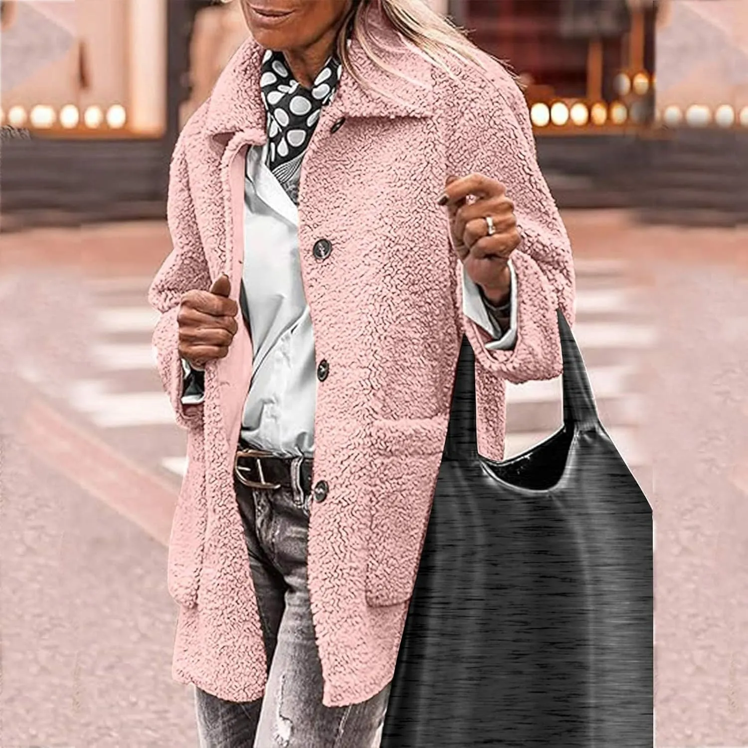 Winter Coats For Women Lapel Fuzzy Faux Fur Coat Long Sleeve Button Down Sherpa Jacket Fleece Warm Outerwear w/Pocket