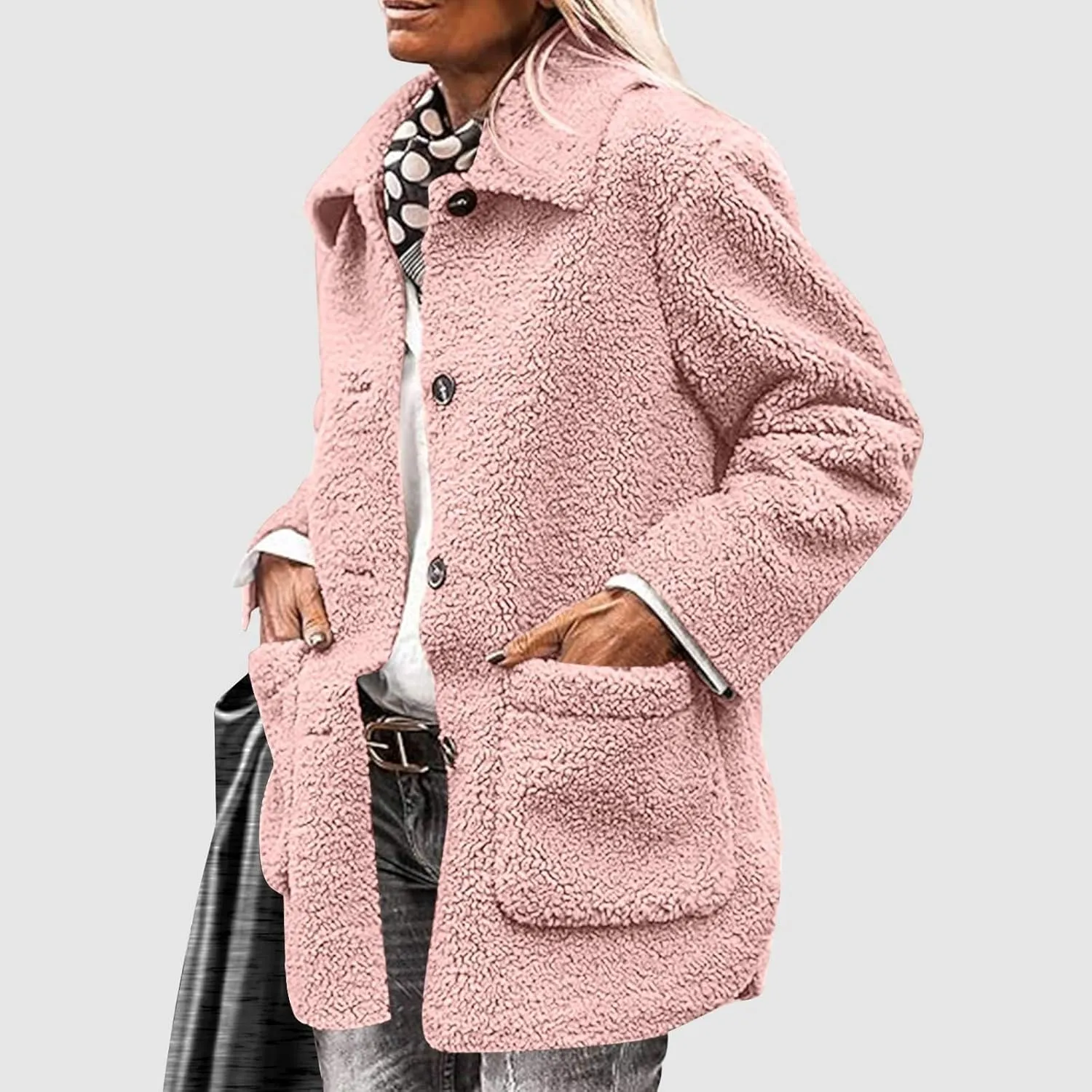 Winter Coats For Women Lapel Fuzzy Faux Fur Coat Long Sleeve Button Down Sherpa Jacket Fleece Warm Outerwear w/Pocket