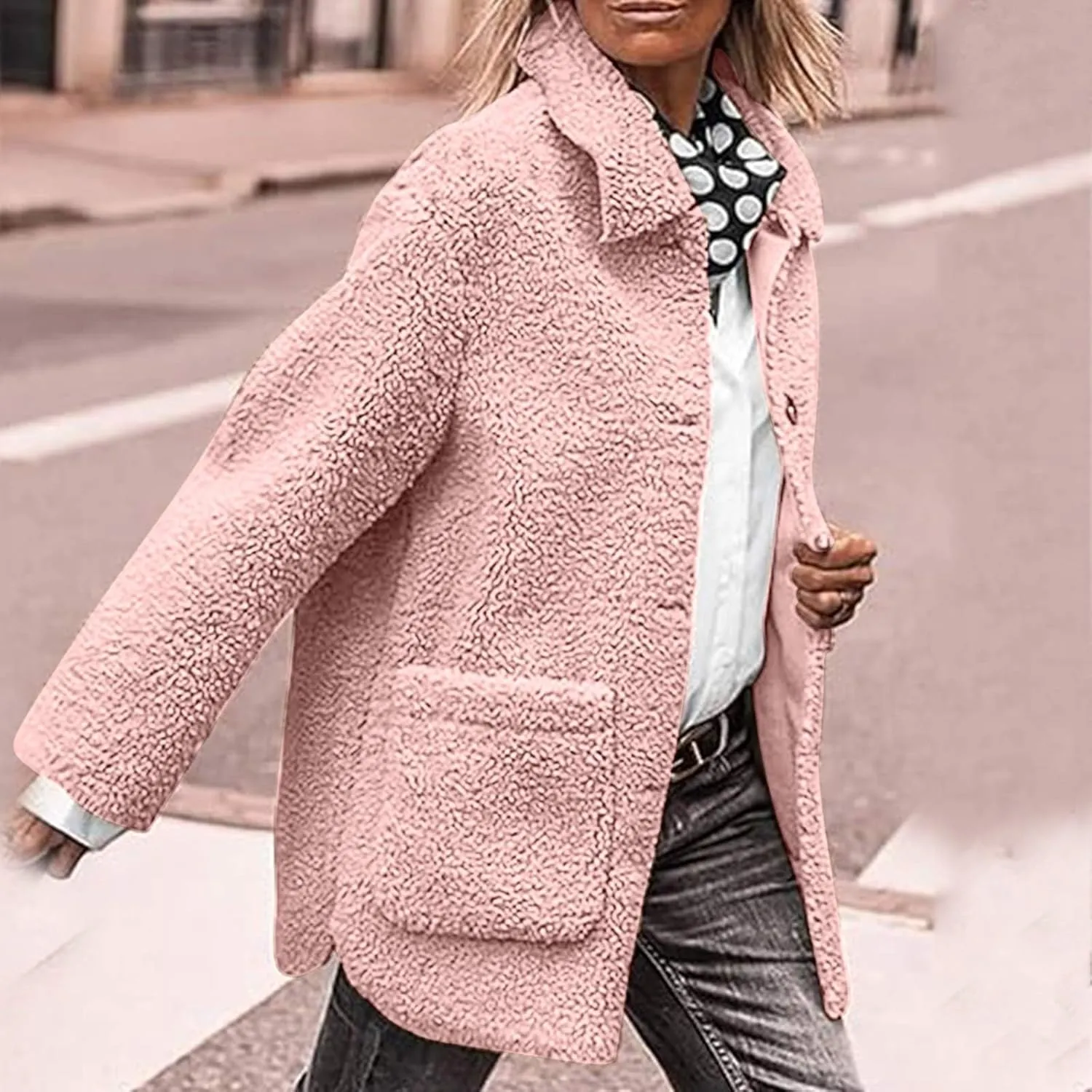 Winter Coats For Women Lapel Fuzzy Faux Fur Coat Long Sleeve Button Down Sherpa Jacket Fleece Warm Outerwear w/Pocket