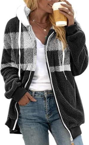 Women 2023 Winter Fuzzy Fleece Coat Plus Size Plush Fluffy Sweatshirt Hoodie with Pockets Parka Loose Blazer Hooded