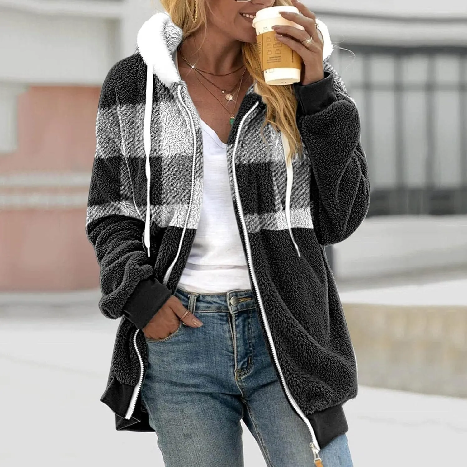Women 2023 Winter Fuzzy Fleece Coat Plus Size Plush Fluffy Sweatshirt Hoodie with Pockets Parka Loose Blazer Hooded