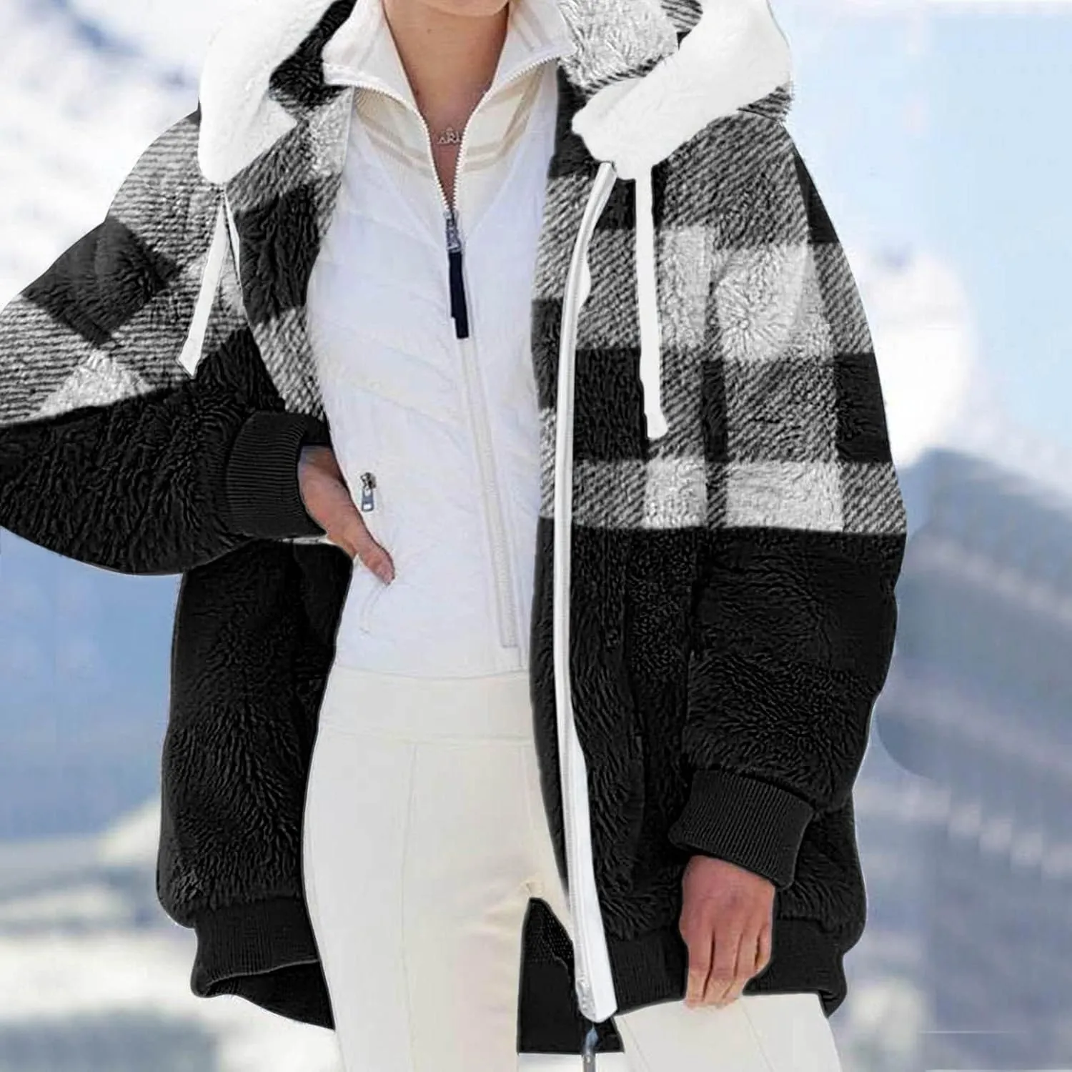 Women 2023 Winter Fuzzy Fleece Coat Plus Size Plush Fluffy Sweatshirt Hoodie with Pockets Parka Loose Blazer Hooded