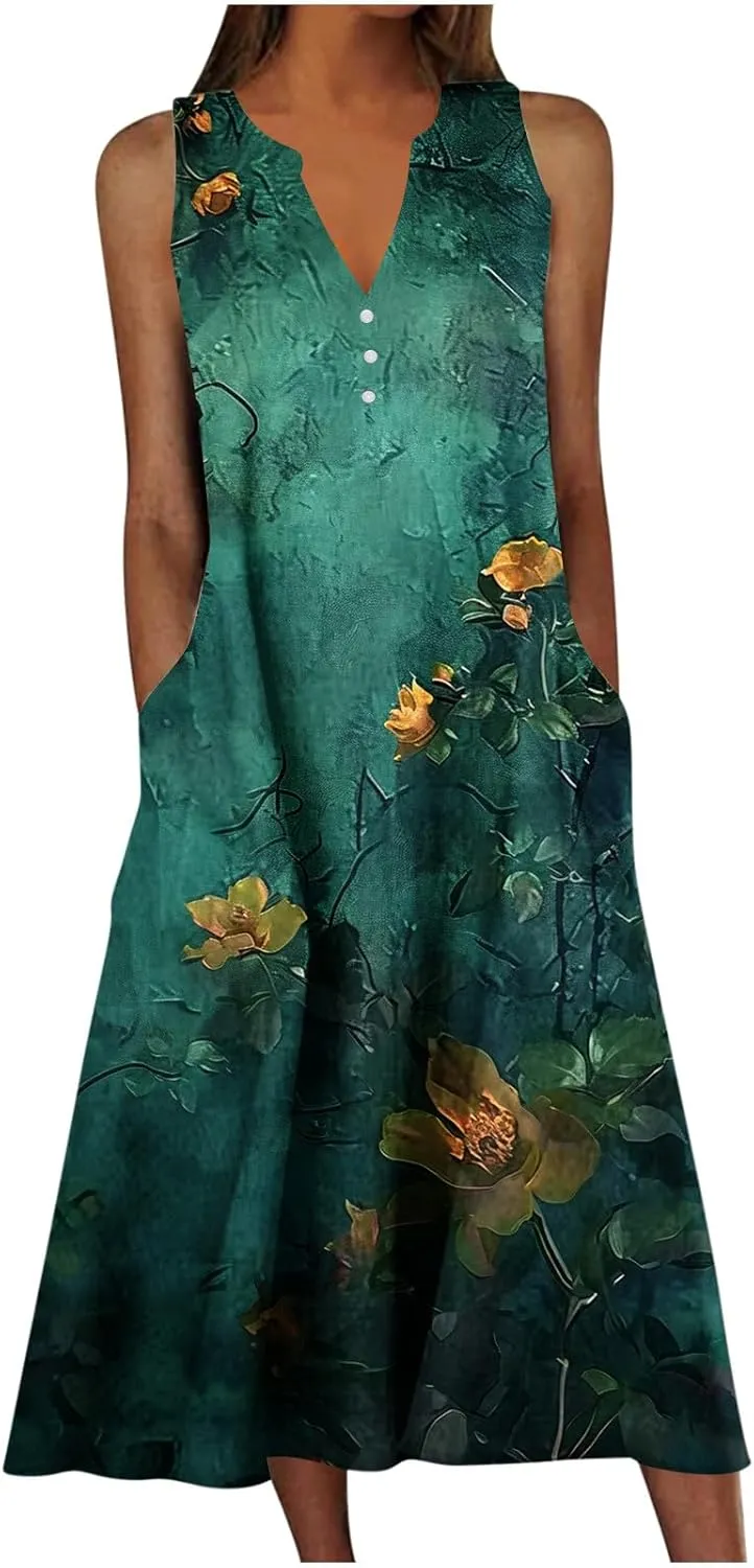 Women Boho Floral Print Midi Sun Dresses Casual Sleeveless Loose Flowy Dress Elegant Summer Beach Sundress with Pocket
