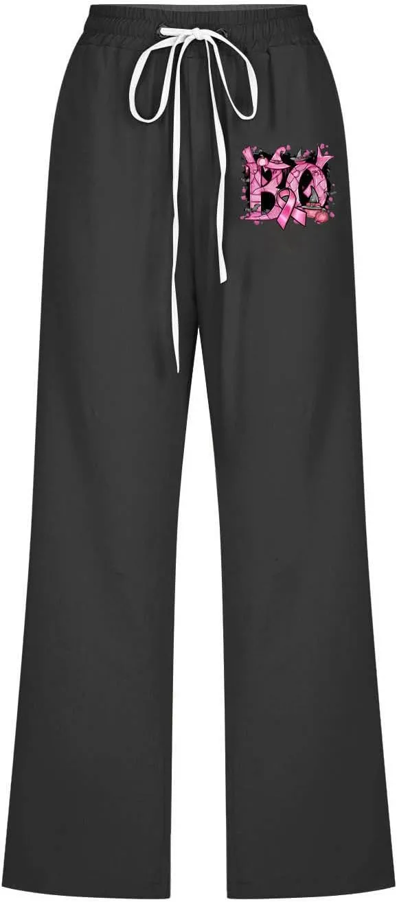Women Breast Cancer Caring Casual Cotton Linen Crop Pants, Funny Pink Ribbon Print Summer Drawstring Pockets Trousers