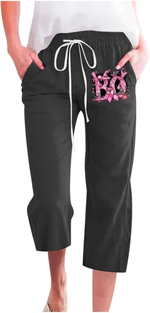 Women Breast Cancer Caring Casual Cotton Linen Crop Pants, Funny Pink Ribbon Print Summer Drawstring Pockets Trousers