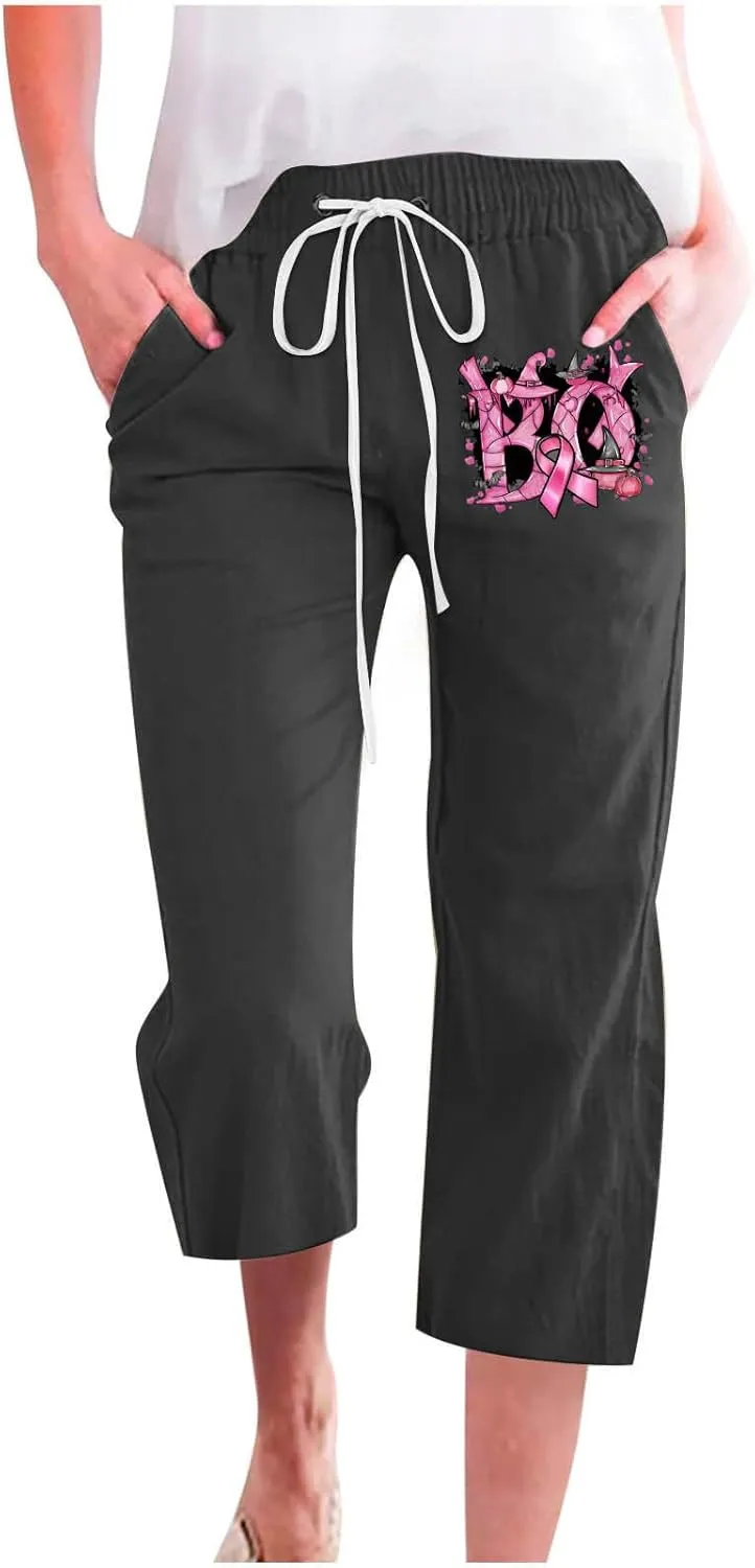 Women Breast Cancer Caring Casual Cotton Linen Crop Pants, Funny Pink Ribbon Print Summer Drawstring Pockets Trousers