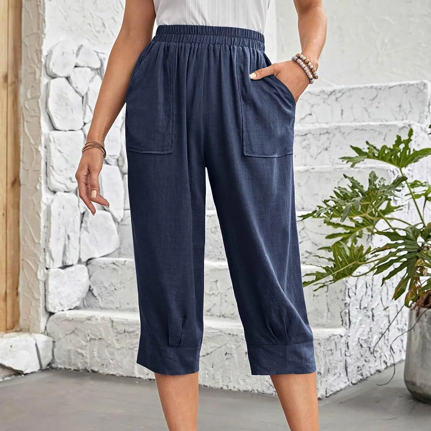 Women Capri Pants Fashion Casual Color Elastic Loose Pants Straight Wide Leg Trousers Vacation Outfits for Women