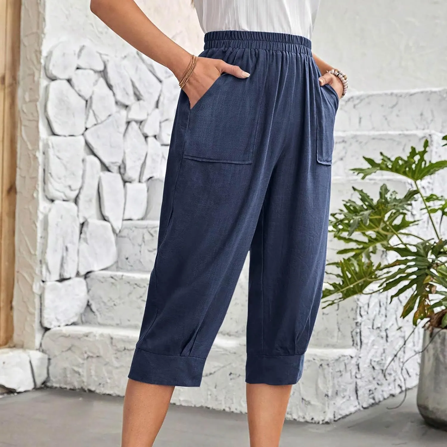 Women Capri Pants Fashion Casual Color Elastic Loose Pants Straight Wide Leg Trousers Vacation Outfits for Women
