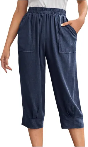 Women Capri Pants Fashion Casual Color Elastic Loose Pants Straight Wide Leg Trousers Vacation Outfits for Women