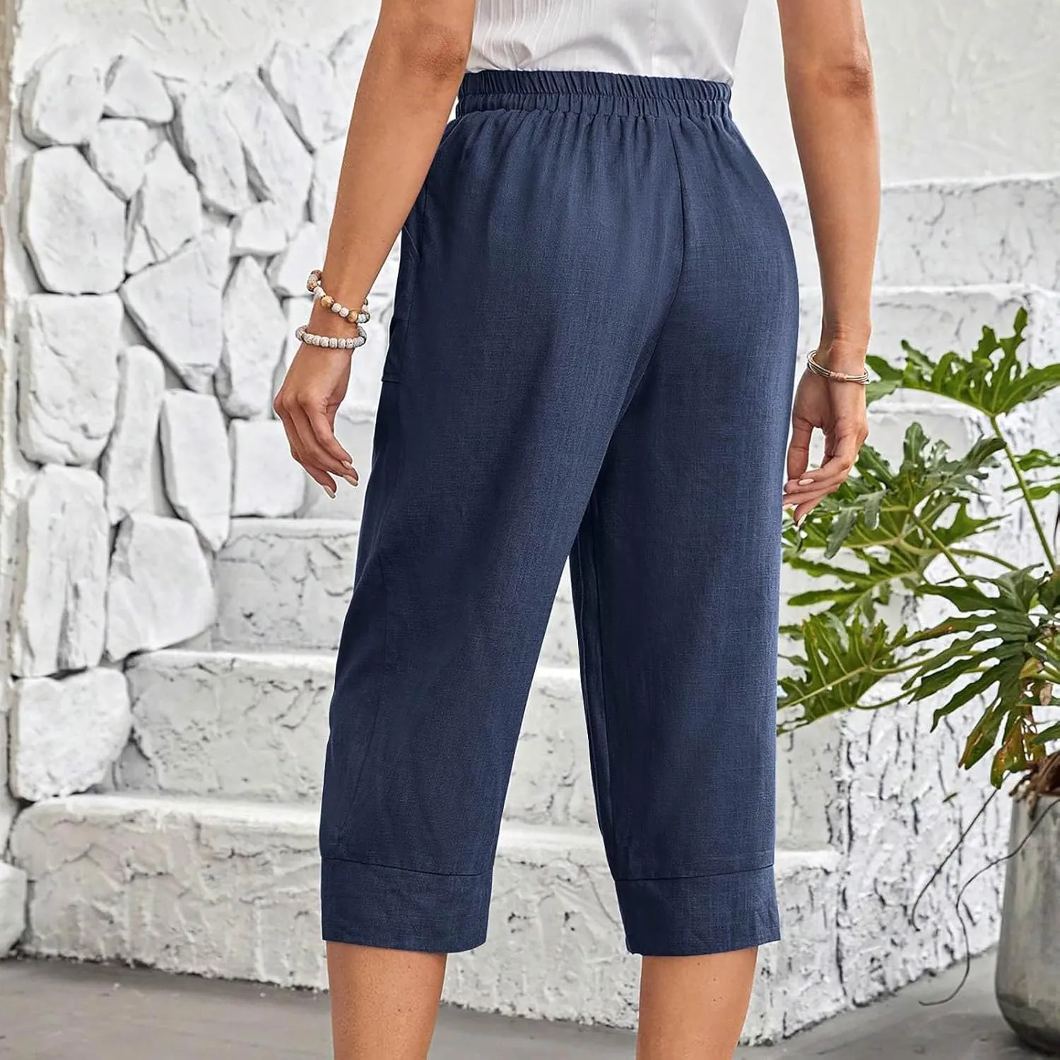 Women Capri Pants Fashion Casual Color Elastic Loose Pants Straight Wide Leg Trousers Vacation Outfits for Women
