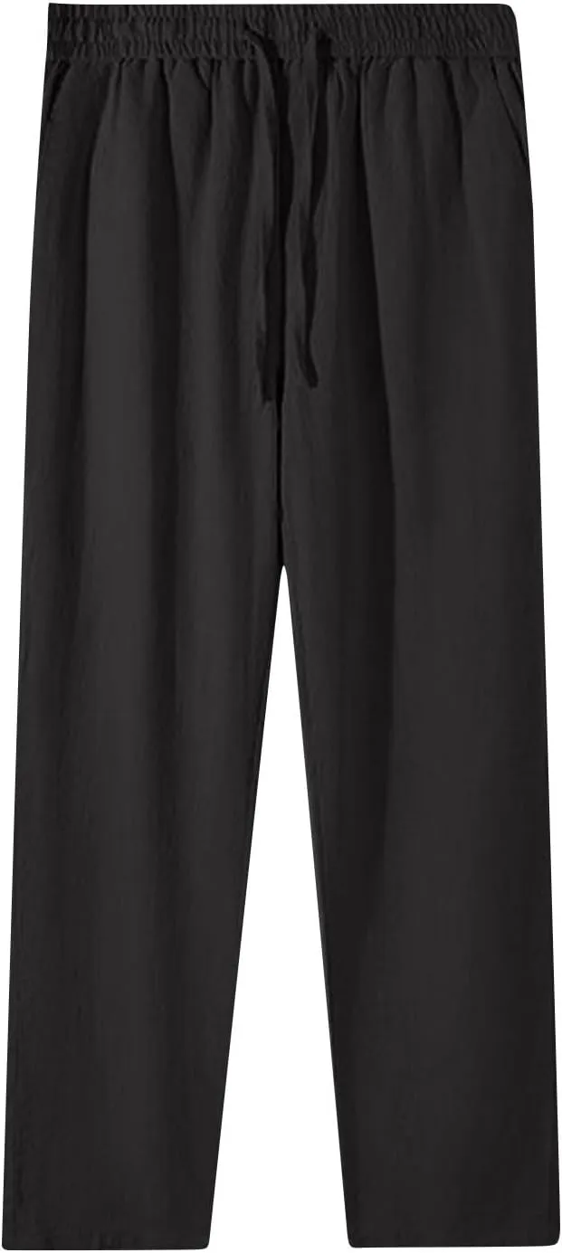 Women Cotton Linen Pants Wide Leg High Waist Flowy Summer Beach Drawstring Pant Beach Travel Vacation Slacks Trousers