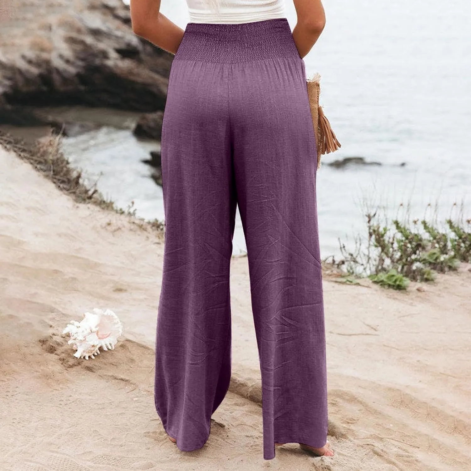 Women Linen Palazzo Pants Summer High Waisted Casual Wide Leg Long Lounge Beach Flowy Vintage Print Pant with Pocket