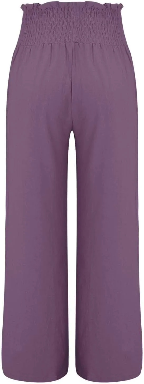 Women Linen Palazzo Pants Summer High Waisted Casual Wide Leg Long Lounge Beach Flowy Vintage Print Pant with Pocket