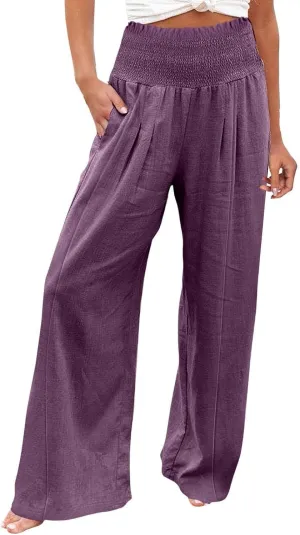 Women Linen Palazzo Pants Summer High Waisted Casual Wide Leg Long Lounge Beach Flowy Vintage Print Pant with Pocket