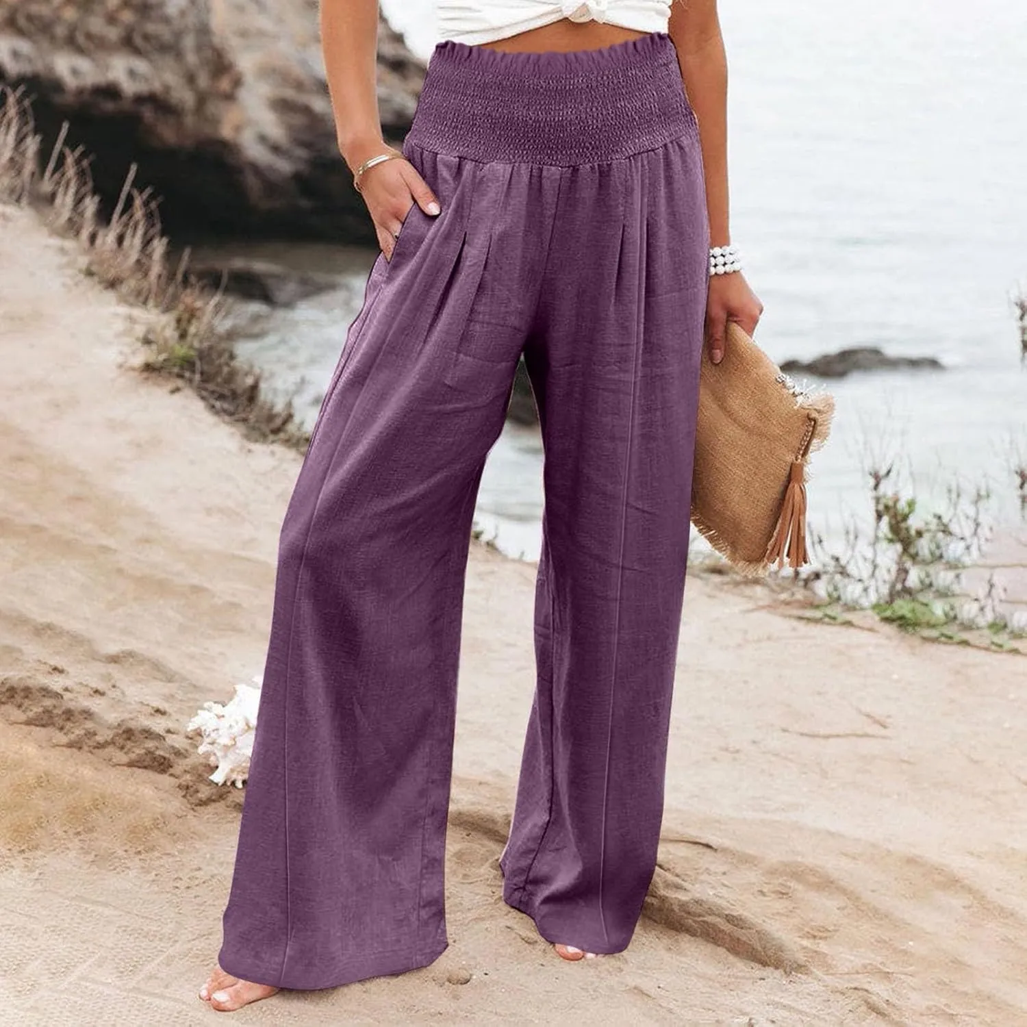 Women Linen Palazzo Pants Summer High Waisted Casual Wide Leg Long Lounge Beach Flowy Vintage Print Pant with Pocket